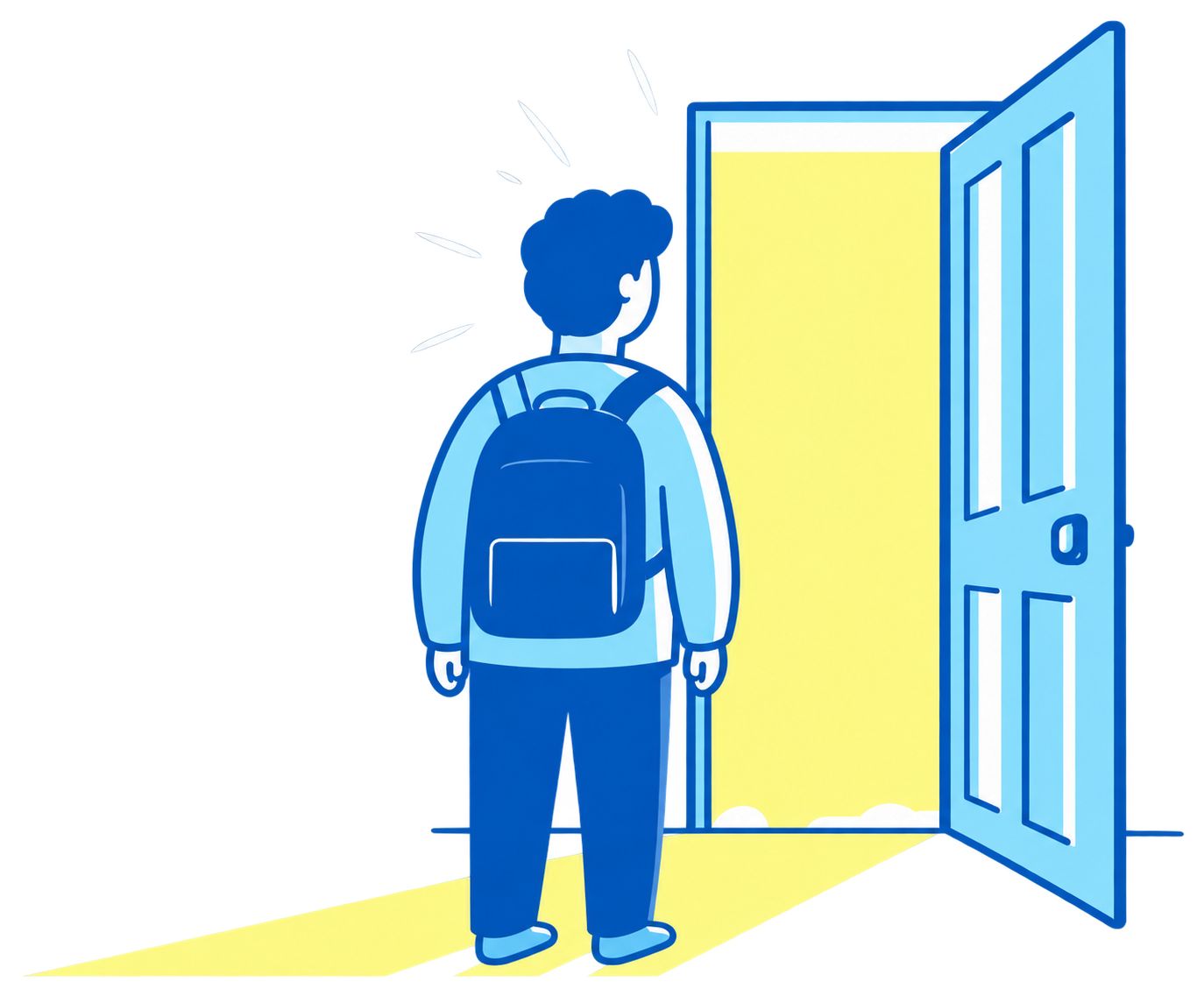 Illustration of a person facing an open door